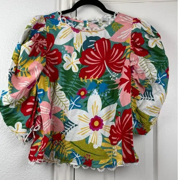 SUGARLIPS Tropical Puff Sleeve Blouse Floral Resort Statement Top M - Picture 1 of 8